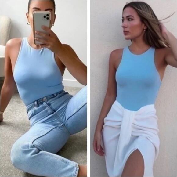 NWT Zara Halter Neck Polyamide Bodysuit Powder Blue Size L - Picture 1 of 11